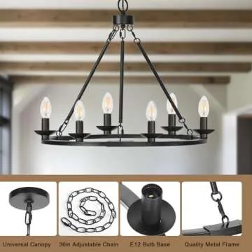 Black Farmhouse Chandelier, 6-Light Wagon Wheel Chandelier with Adjustable Height, Dining Room Light Fixture, Hanging Lights for Kitchen Island, Living Room, Bedroom, Entryway, E12 Base