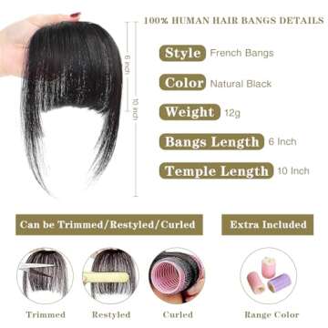 BUPPLER Clip in Bangs 100% Real Human Hair Pieces French Natural Black Fake Bangs Hair Clip on bangs...