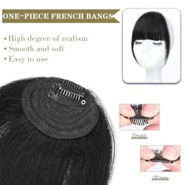 BUPPLER Clip in Bangs 100% Real Human Hair Pieces French Natural Black Fake Bangs Hair Clip on bangs for women Faux Bangs Clip in Hair Extensions with Hair Roller for Daily Wear