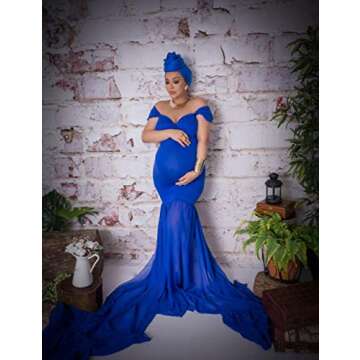 JustVH Maternity Off Shoulder Mermaid Chiffon Gown V Neck Maxi Photo Shoot Photography Dress for Bab...