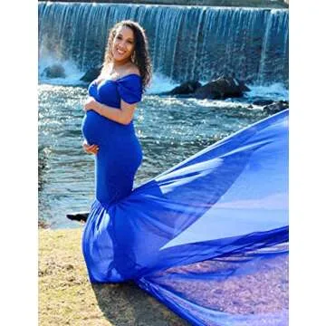 JustVH Maternity Off Shoulder Mermaid Chiffon Gown V Neck Maxi Photo Shoot Photography Dress for Baby Shower Photo Props Navy Blue