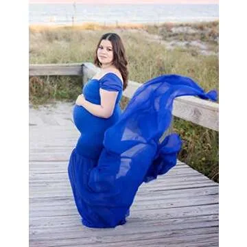 JustVH Maternity Off Shoulder Mermaid Chiffon Gown V Neck Maxi Photo Shoot Photography Dress for Baby Shower Photo Props Navy Blue