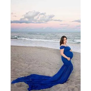 JustVH Maternity Off Shoulder Mermaid Chiffon Gown V Neck Maxi Photo Shoot Photography Dress for Baby Shower Photo Props Navy Blue