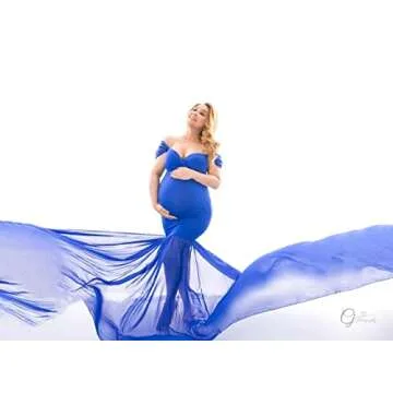 JustVH Maternity Off Shoulder Mermaid Chiffon Gown V Neck Maxi Photo Shoot Photography Dress for Baby Shower Photo Props Navy Blue
