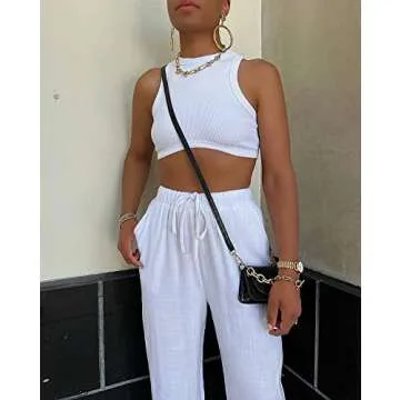 Artfish Womens High Neck Crop Tops Crewneck Ribbed Fitted Sleeveless Corset Bustier Y2K Tanks White S