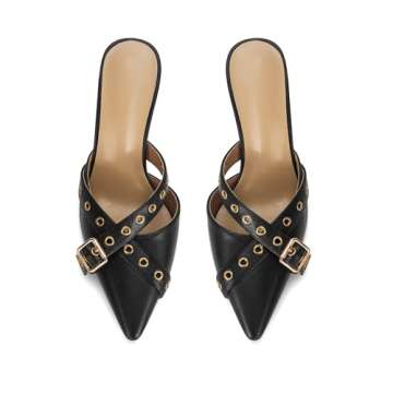 Dsevht Black Kitten Heels for Women Pointed Toe Heels Dressy Bow Heels Vintage Heels Mules Sexy Pointy Studded Heels Slip on Stiletto Closed Toe Heels Pumps