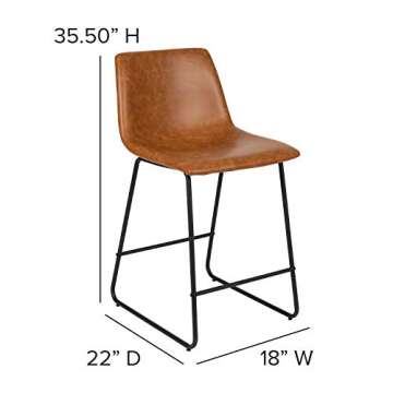 Flash Furniture Reagan 24" LeatherSoft Counter Height Stools with Footrest, Mid-Century Modern Bucket Style Dining Chairs, Set of 2, Light Brown