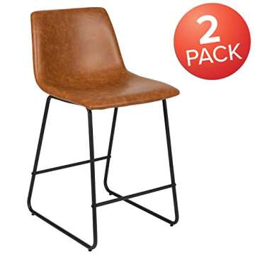 Flash Furniture Reagan 24" LeatherSoft Counter Height Stools with Footrest, Mid-Century Modern Bucket Style Dining Chairs, Set of 2, Light Brown
