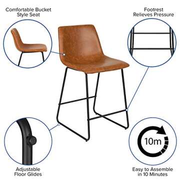 Flash Furniture Reagan 24" LeatherSoft Counter Height Stools with Footrest, Mid-Century Modern Bucket Style Dining Chairs, Set of 2, Light Brown