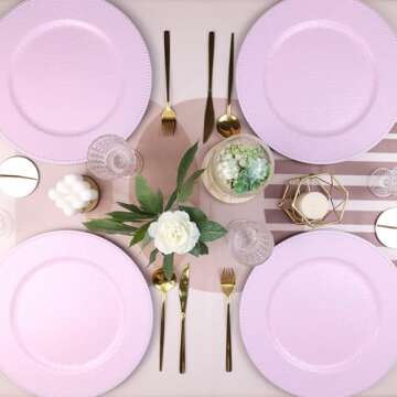 SforGUVA Pink Charger Plates with Beaded Rims, Set of 6 Plastic Wedding Bulk Plate Charges for Dinner Plates, Table Decoration, Holiday, Thanksgiving, Christmas.