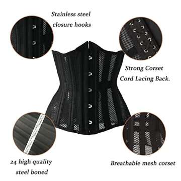 STMAHER Womens Mesh Lace Up Corsets 26 Steel Boned Waist Training Heavy Duty Underbust Body Shaper (Black4 S)