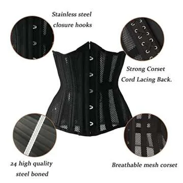 STMAHER Womens Mesh Lace Up Corsets 26 Steel Boned Waist Training Heavy Duty Underbust Body Shaper (Black4 S)