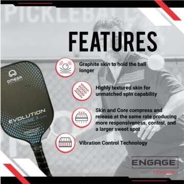 Engage Pickleball Omega Evolution Extreme X Pickleball Paddle - Pickleball Paddles with Polymer Core - USAPA Approved Pickleball Paddles Pickleball Rackets for Adults - 1/2" Elongated