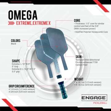 Engage Pickleball Omega Evolution Extreme X Pickleball Paddle - Pickleball Paddles with Polymer Core - USAPA Approved Pickleball Paddles Pickleball Rackets for Adults - 1/2" Elongated