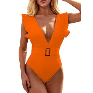 Avanova Women's One Piece Swimsuit Ruffle Strappy Deep V Neck Swimwear Bathing Suits Orange Small