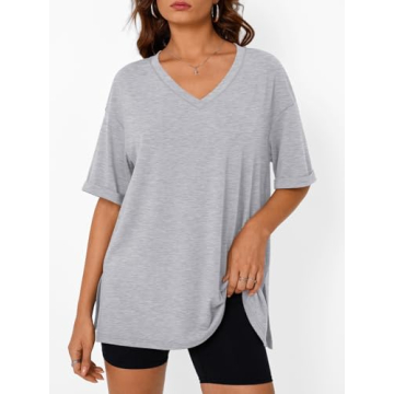 Trendy Queen Oversized Tshirts for Women Workout Plus Size Tops V Neck Short Sleeve Tunic Side Slit ...