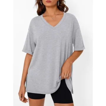 Trendy Queen Oversized Tshirts for Women Workout Plus Size Tops V Neck Short Sleeve Tunic Side Slit ...
