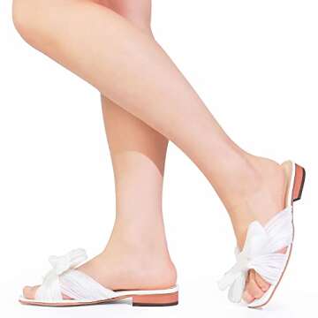 Mattiventon Womens Bow Sandals for Women Flat Square Toe Slide Sandals Bowknot Wedding Summer Sandals for Bridal