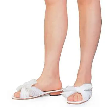 Mattiventon Womens Bow Sandals for Women Flat Square Toe Slide Sandals Bowknot Wedding Summer Sandals for Bridal