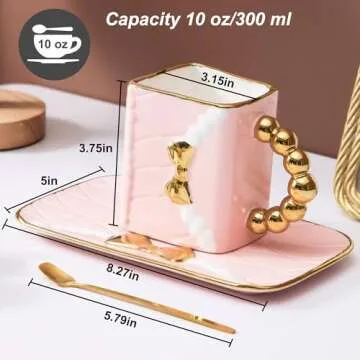 OMAKCOO Pink Purse Coffee Mug Set with Saucer and Spoon, Fancy Cute Ceramic Handbag Shaped Tea Cup f...