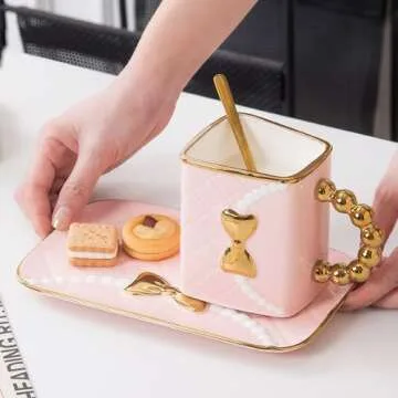 OMAKCOO Pink Purse Coffee Mug Set with Saucer and Spoon, Fancy Cute Ceramic Handbag Shaped Tea Cup for Women (10 oz)