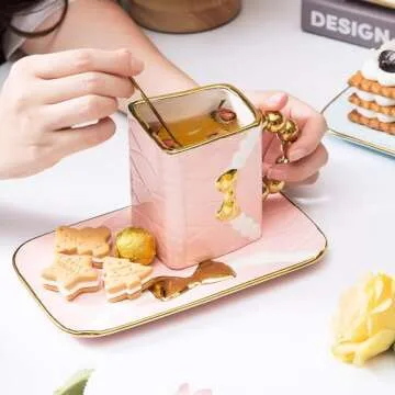 OMAKCOO Pink Purse Coffee Mug Set with Saucer and Spoon, Fancy Cute Ceramic Handbag Shaped Tea Cup for Women (10 oz)