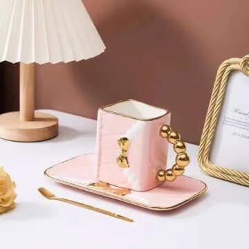 OMAKCOO Pink Purse Coffee Mug Set with Saucer and Spoon, Fancy Cute Ceramic Handbag Shaped Tea Cup for Women (10 oz)