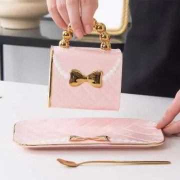 OMAKCOO Pink Purse Coffee Mug Set with Saucer and Spoon, Fancy Cute Ceramic Handbag Shaped Tea Cup for Women (10 oz)