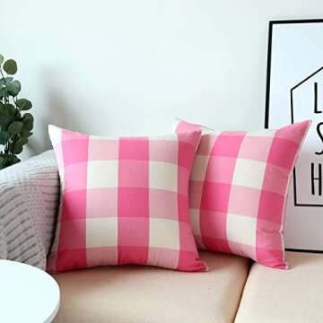 NAVIBULE 18 x 18In Farmhouse Outdoor Decorative Square Throw Pillow Covers Pink and White Buffalo Check Plaid Cushion Cases Pack of 2