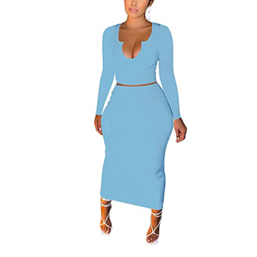 MOEENCN 2 Piece Maxi Skirt Sets for Women Sexy Bodycon Long Sleeve Crop Top Club Party Dress 2XL