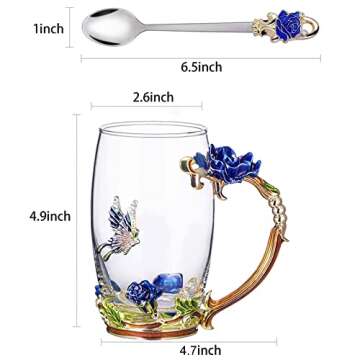 Tea Cup Glass Coffee Mugs (12 oz), Pack of 2 Fancy Tea Cups, Clear Glass Cups with Spoon Set, Mother's Day Gifts, Handmade Butterfly, Rose Flower Enamel Design, Birthday Decoration Wedding Gift Ideas