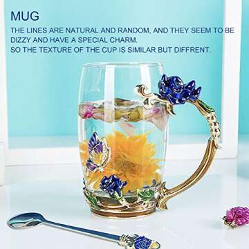 Tea Cup Glass Coffee Mugs (12 oz), Pack of 2 Fancy Tea Cups, Clear Glass Cups with Spoon Set, Mother's Day Gifts, Handmade Butterfly, Rose Flower Enamel Design, Birthday Decoration Wedding Gift Ideas
