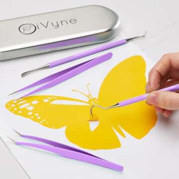 Premium Vinyl Weeding Tool Kit - Precision Stainless Steel Weeder - Hook and Pick with Fine Tweezers Crafting Set for Cricut Vinyl - by iVyne (Purple)