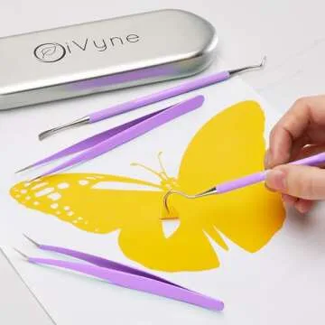 Premium Vinyl Weeding Tool Kit - Precision Stainless Steel Weeder - Hook and Pick with Fine Tweezers Crafting Set for Cricut Vinyl - by iVyne (Purple)