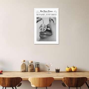 Generic No Panic Just Disco Poster Black And White Newspaper Wall Art Trendy Cherry Disco Ball Headline Prints Painting For Home Bar Cart Dorm Wall Decor 12x16in Unframed