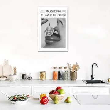 Generic No Panic Just Disco Poster Black And White Newspaper Wall Art Trendy Cherry Disco Ball Headline Prints Painting For Home Bar Cart Dorm Wall Decor 12x16in Unframed