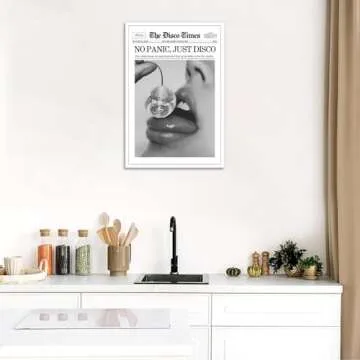 Generic No Panic Just Disco Poster Black And White Newspaper Wall Art Trendy Cherry Disco Ball Headline Prints Painting For Home Bar Cart Dorm Wall Decor 12x16in Unframed
