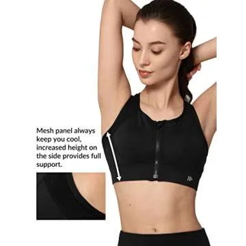 Yvette High Impact Zip Front Sports Bra Mesh Racerback Workout High Support Sports Bras for Women Large Breasts, Black