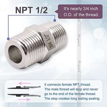 Horiznext NPT 1/2 Stainless Steel Hex Pipe Fitting for Versatile Applications (4 pcs)