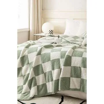 Ultra-Soft Buffalo Checkerboard Grid Fluffy Microfiber Knitted Throw Blanket Super Cozy Lightweight Checkered Bed Blanket for Sofa Couch Bed Matcha 51"X63"