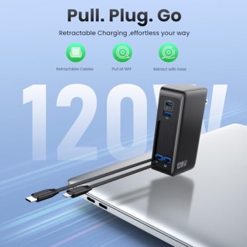 USB C Charger Block 120W with Built-in 2 Retractable Cables,4-in-1 GaN IV Charger Fast Charging Fold...