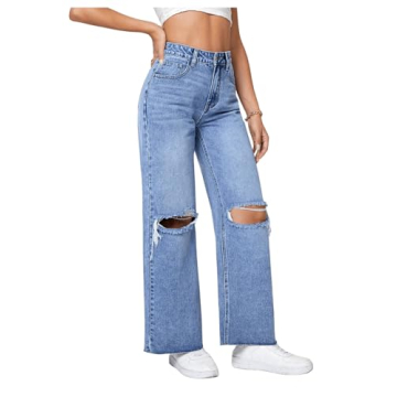 Trendy High Waisted Ripped Wide Leg Jeans for Women