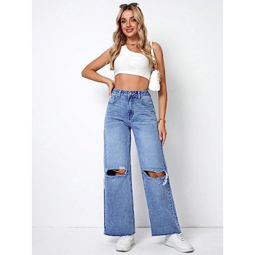 Trendy High Waisted Ripped Wide Leg Jeans for Women