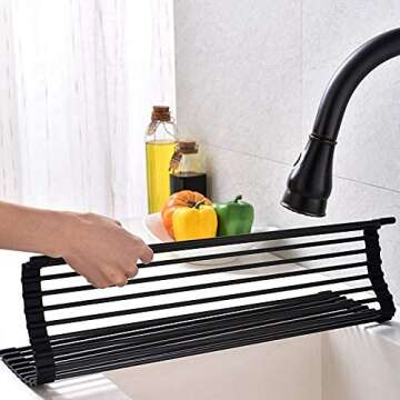 Ahyuan Large Roll up Dish Drying Rack Foldable Dish Rack Over Sink Dish Drainer Roll-up Sink Drying Rack Full Silicone Coated Stainless Still Dish Drying Rack (Matte Black, 20.5''X13.13'')