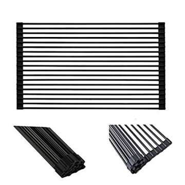 Ahyuan Large Roll up Dish Drying Rack Foldable Dish Rack Over Sink Dish Drainer Roll-up Sink Drying Rack Full Silicone Coated Stainless Still Dish Drying Rack (Matte Black, 20.5''X13.13'')