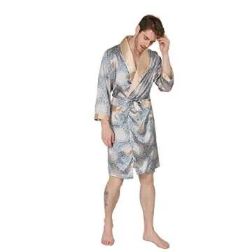 MAGE MALE Men's Summer Luxurious Kimono Soft Satin Robe with Shorts Nightgown Long-Sleeve Pajamas Printed Bathrobes