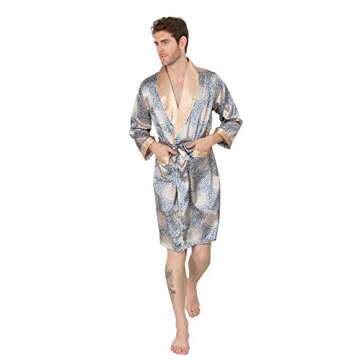 MAGE MALE Men's Summer Luxurious Kimono Soft Satin Robe with Shorts Nightgown Long-Sleeve Pajamas Printed Bathrobes