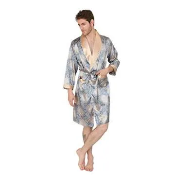 MAGE MALE Men's Summer Luxurious Kimono Soft Satin Robe with Shorts Nightgown Long-Sleeve Pajamas Printed Bathrobes
