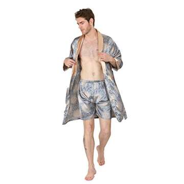 MAGE MALE Men's Summer Luxurious Kimono Soft Satin Robe with Shorts Nightgown Long-Sleeve Pajamas Printed Bathrobes