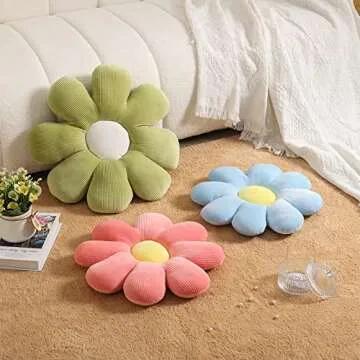 Getmo Resin 3pcs Flower Pillow Floor Cushion Flower Shaped Throw Pillow Daisy Seating Cushion Cute Room Decor Plush Floor Pillows for Reading(Green, Yellow, White,15.7/15.7/19.7 in)
